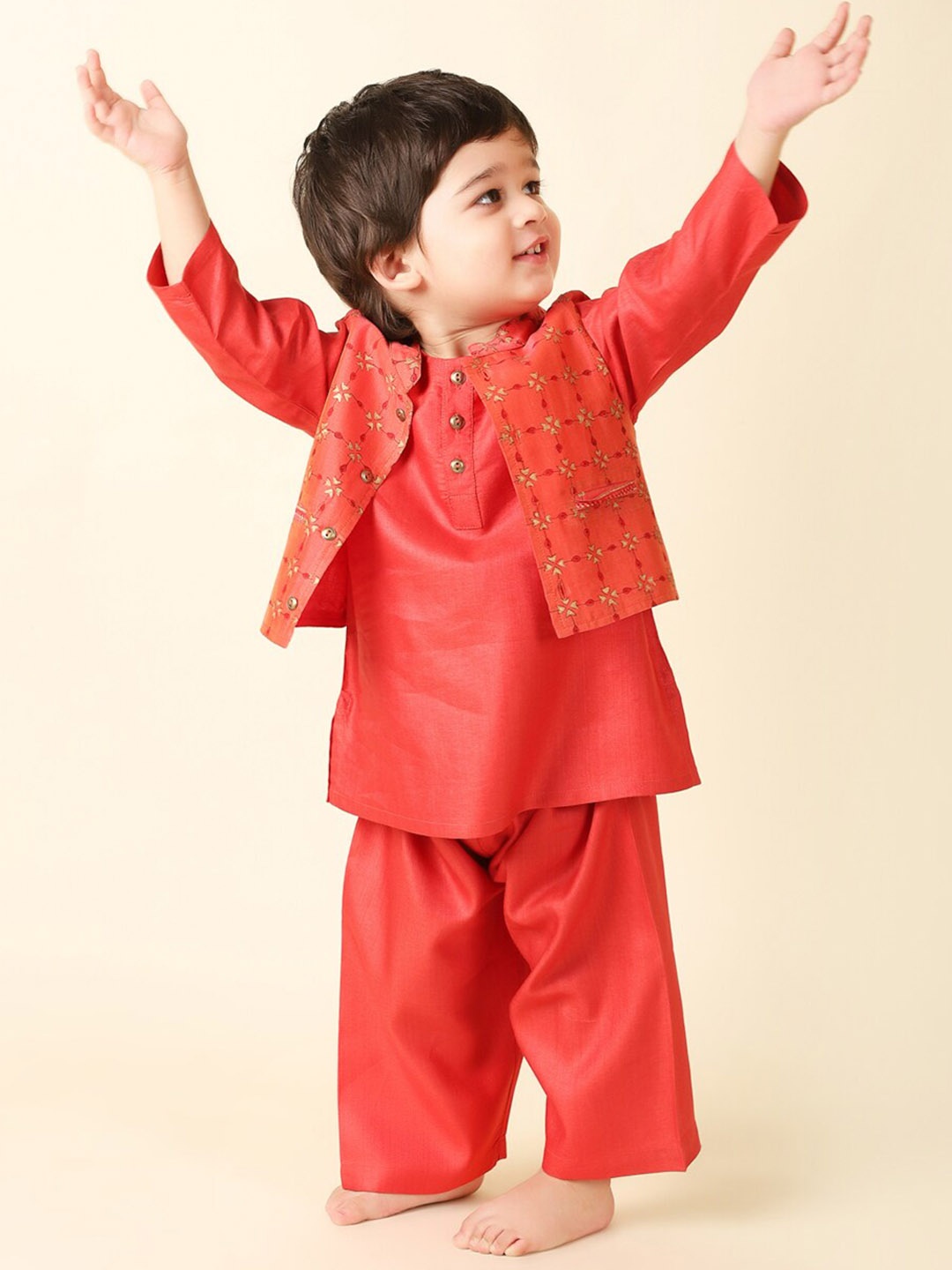 

Fabindia Boys Round Neck Kurta with Pyjamas & With Nehru Jacket, Red