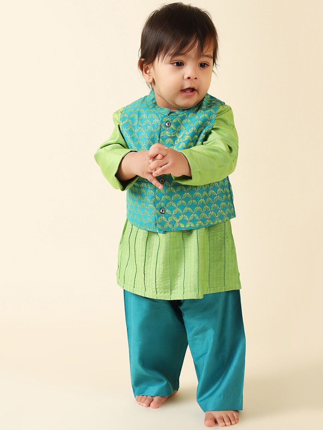 

Fabindia Boys Striped Kurta with Pyjamas With Printed Nehru Jacket, Green