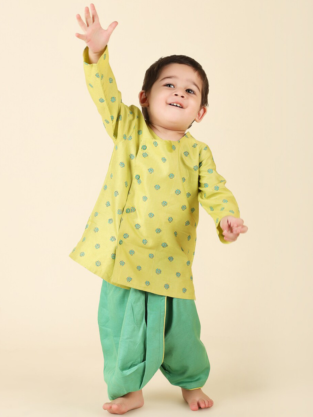 

Fabindia Boys Ethnic Motifs Printed Angrakha Kurta with Dhoti Pants, Green