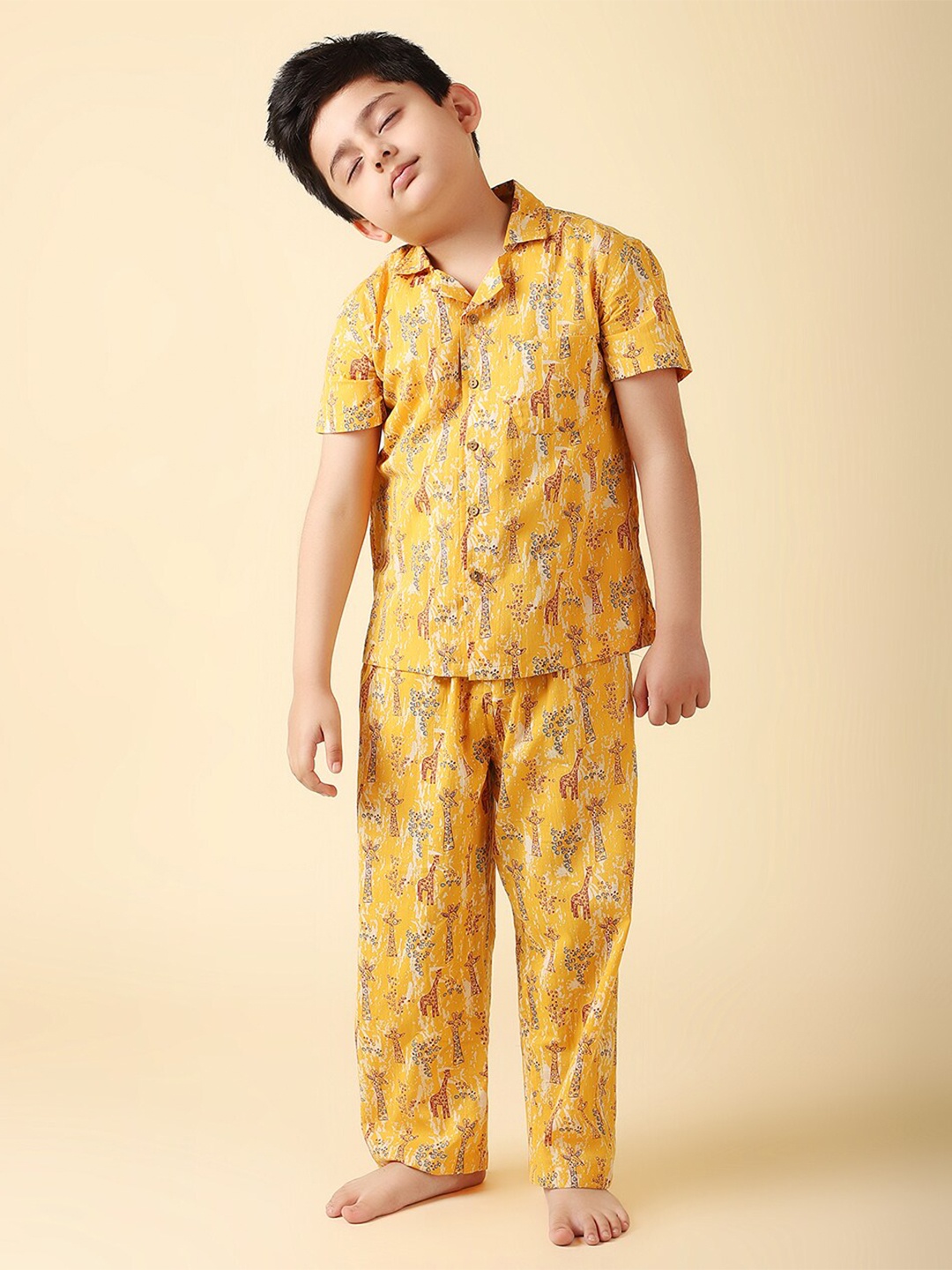 

Fabindia Boys Printed Cotton Shirt with Pyjamas, Yellow