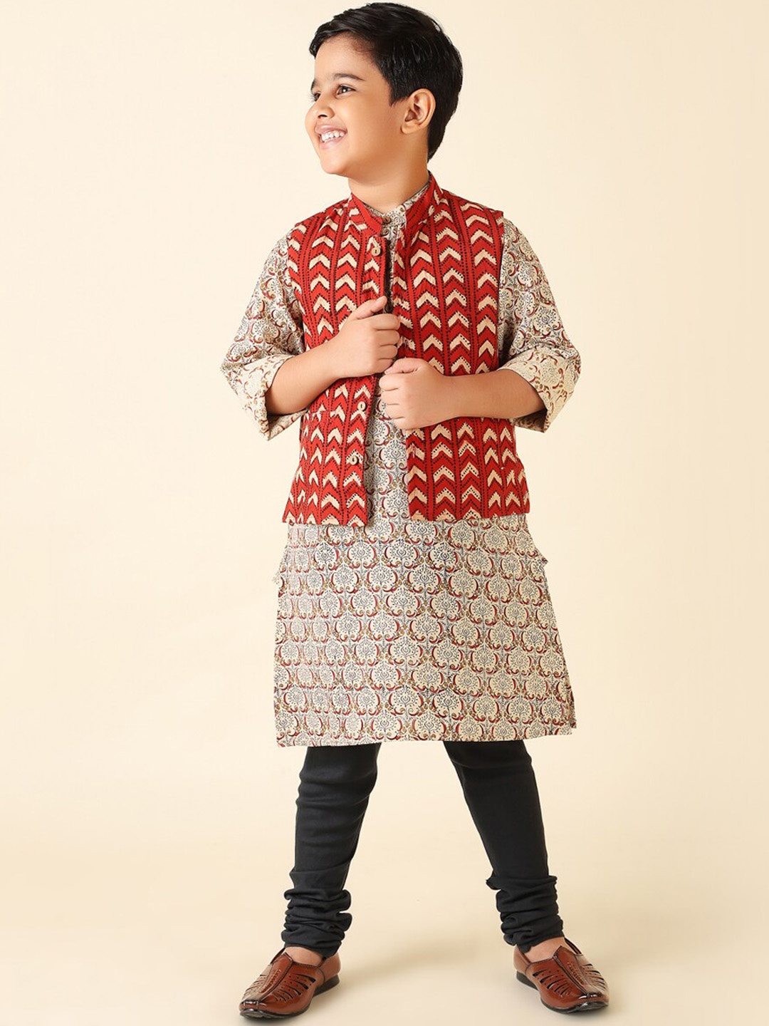 

Fabindia Boys Ethnic Motifs Printed Pure Cotton Kurta with Churidar, Beige
