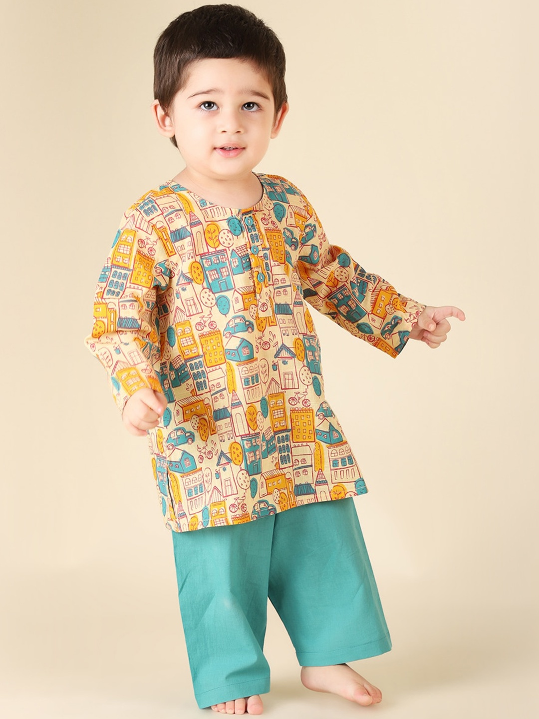 

Fabindia Boys Printed Pure Cotton Kurta with Pyjamas, Yellow
