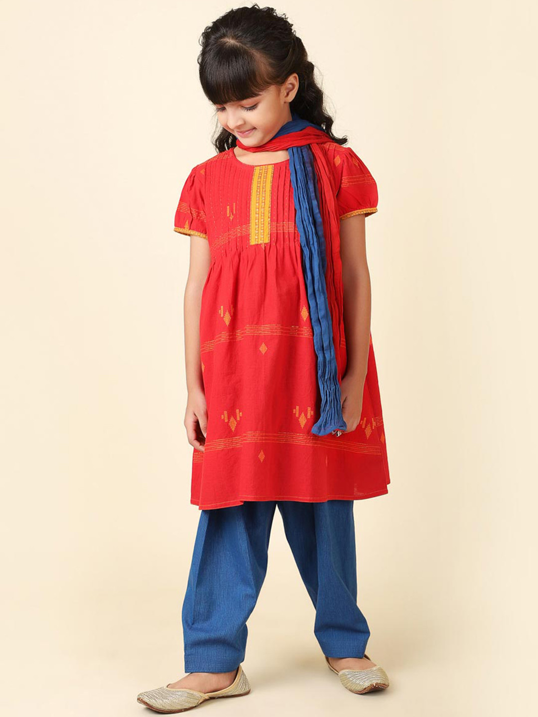 

Fabindia Girls Round Neck Kurta with Salwar & Dupatta, Red