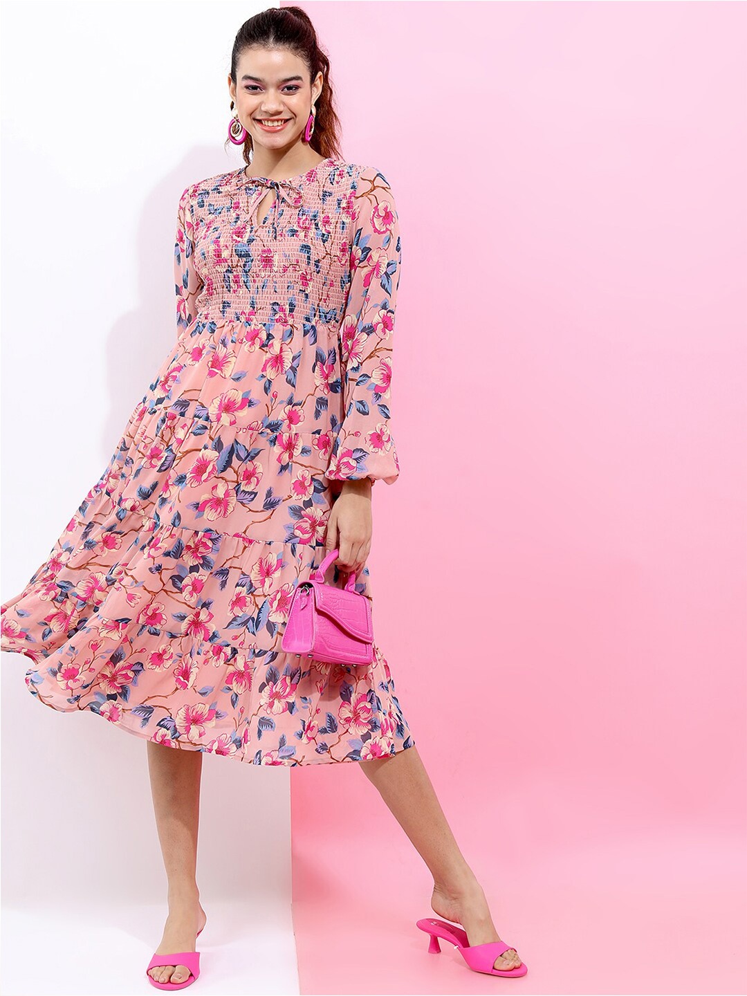 

Tokyo Talkies Floral Printed Tie-Up Neck Midi Dress, Pink