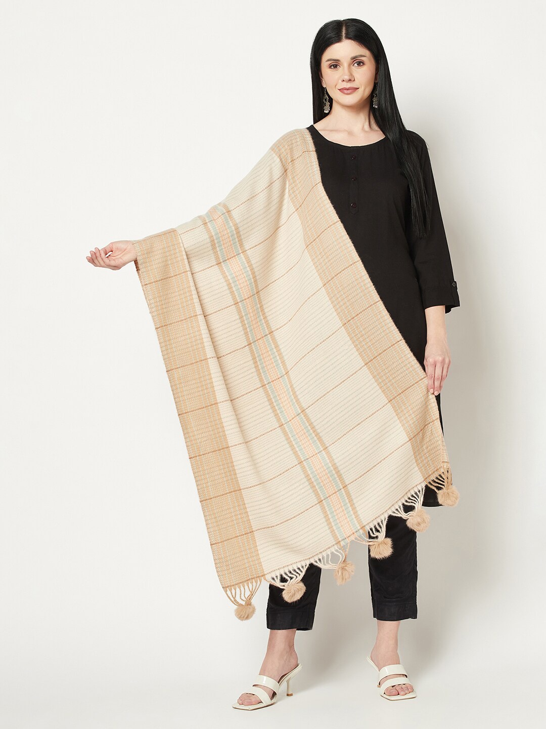 

La Vastraa Women Checked Wool Stole, Beige