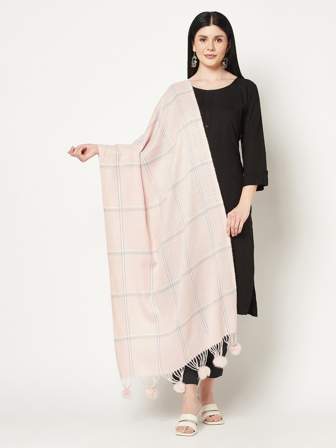 

La Vastraa Women Checked Wool Stole, Pink