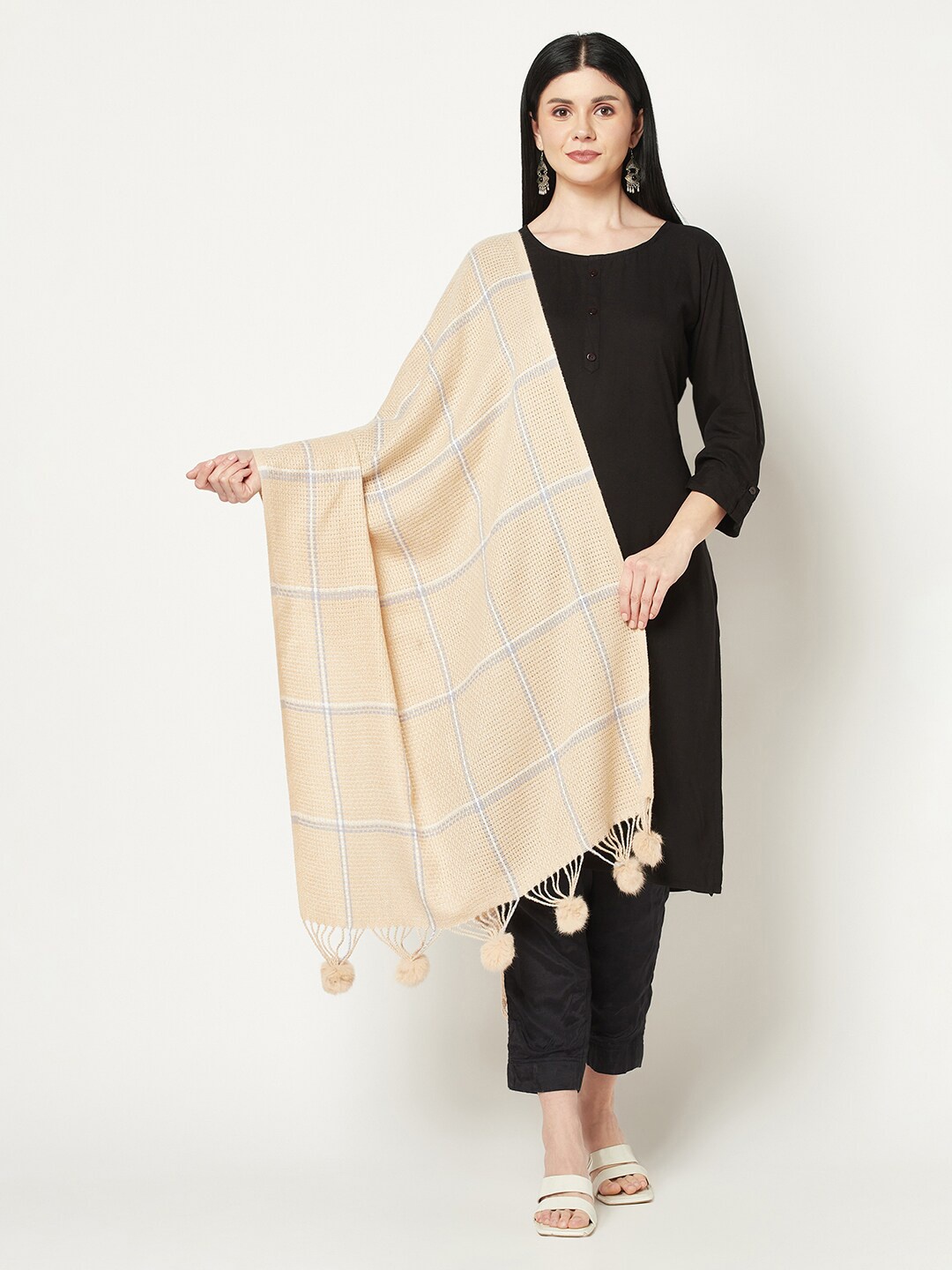 

La Vastraa Women Checked Wool Stole, Beige