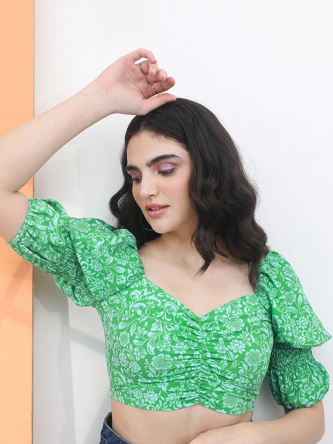

Tokyo Talkies Floral Print Sweetheart Neck Crop Top, Green