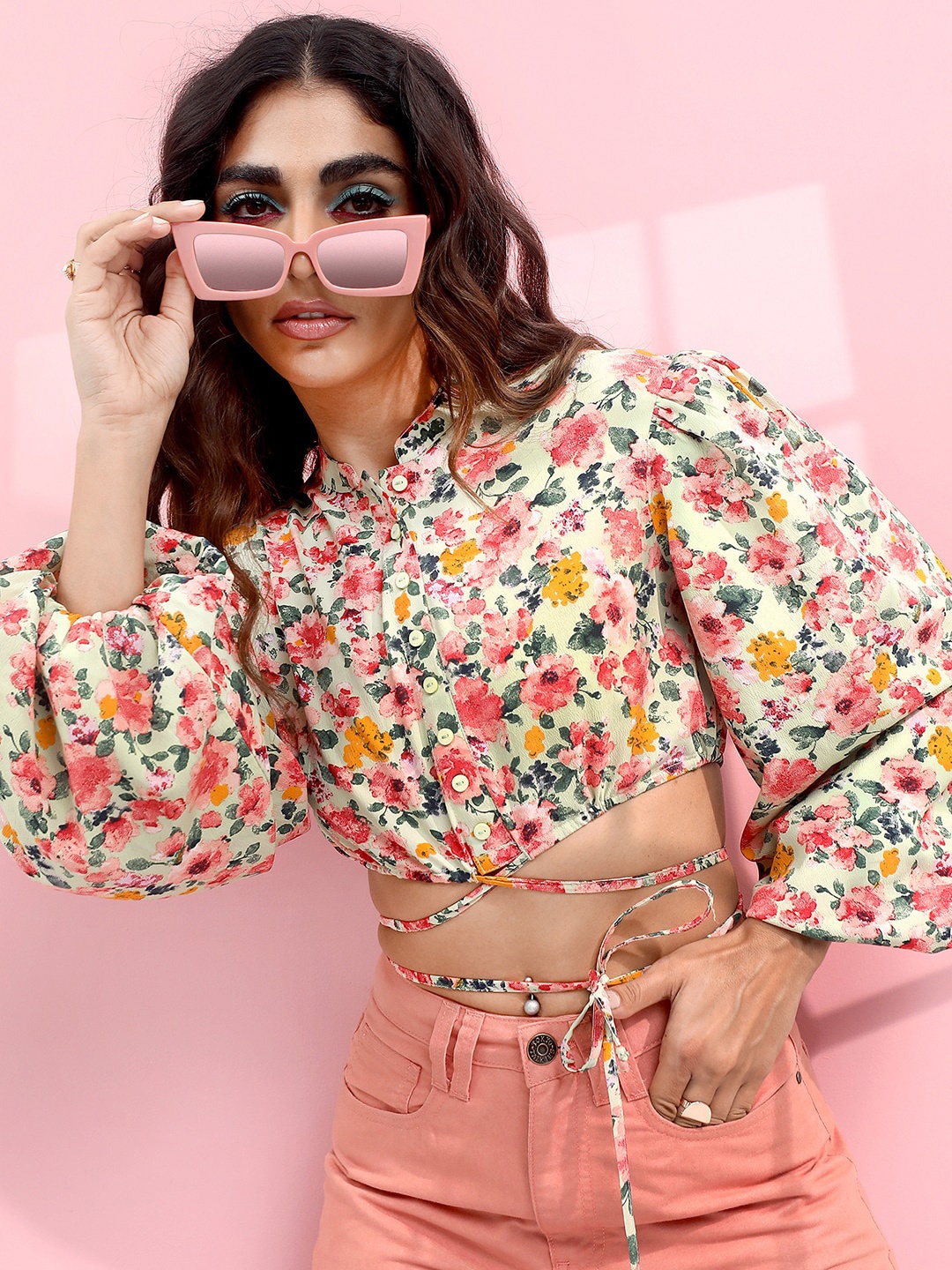 

Tokyo Talkies Floral Print Mandarin Collar Blouson Crop Top, Green