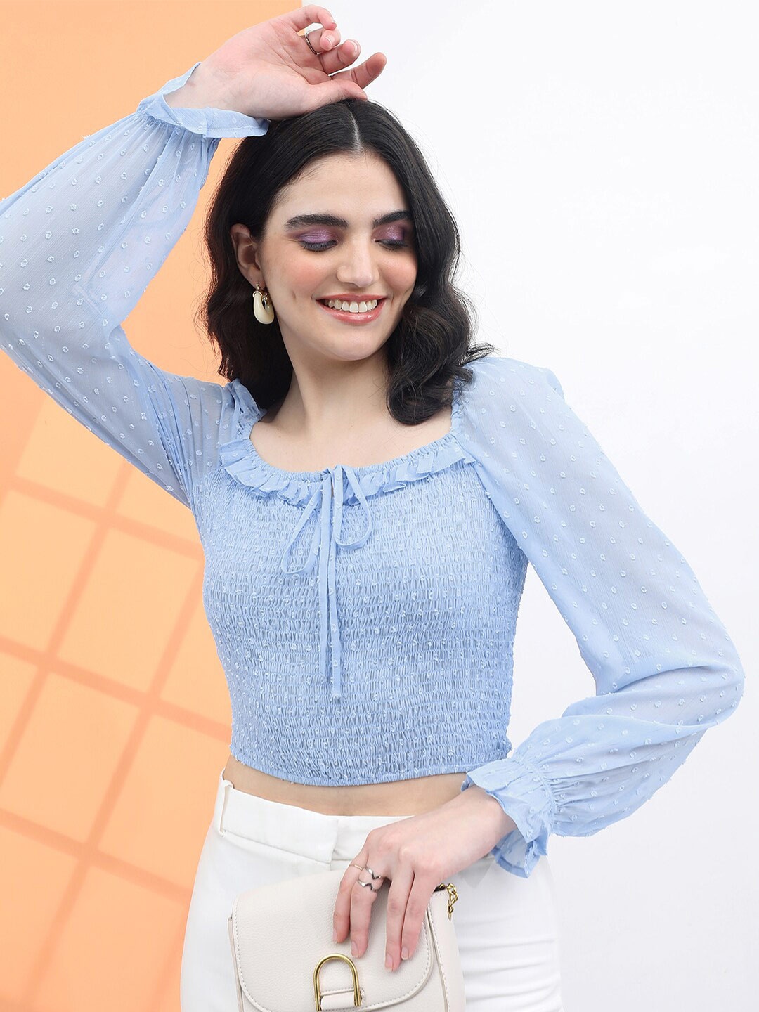 

Tokyo Talkies Smocked Crop Top, Blue