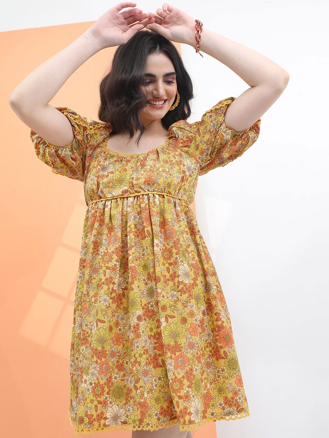 

Tokyo Talkies Floral Printed Puff Sleeve Empire Dress, Mustard