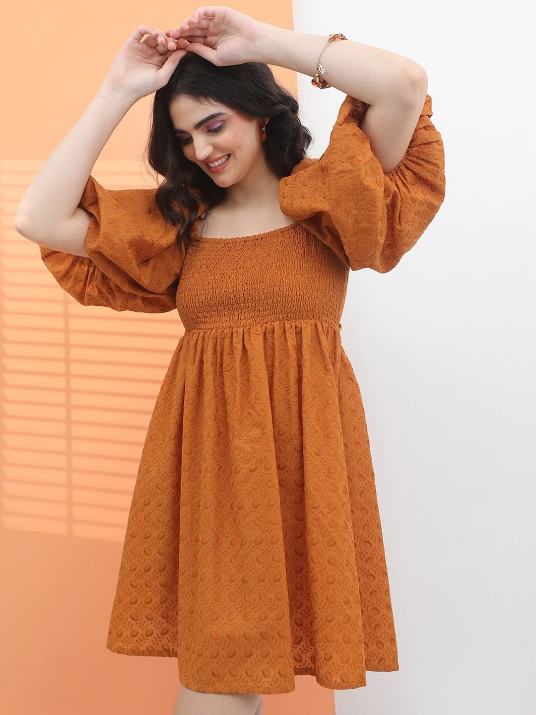 

Tokyo Talkies Square Neck Self Design Fit & Flare Dress, Brown