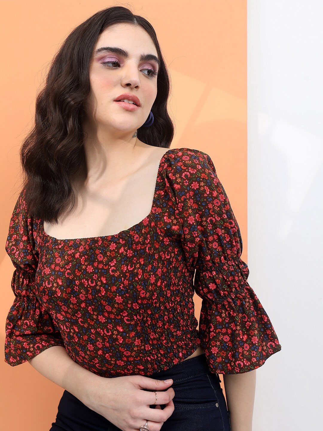 

Tokyo Talkies Floral Print Crop Top, Brown