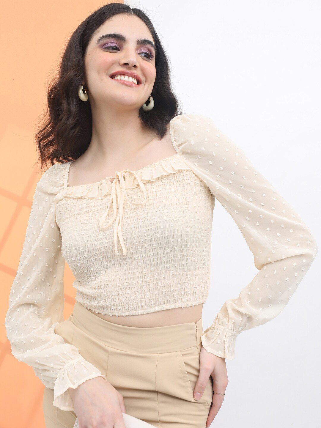 

Tokyo Talkies Tie-Up Neck Smock Crop Top, Beige
