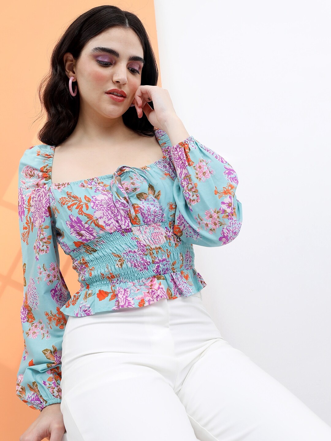 

Tokyo Talkies Floral Print Sweetheart Neck Crop Top, Blue