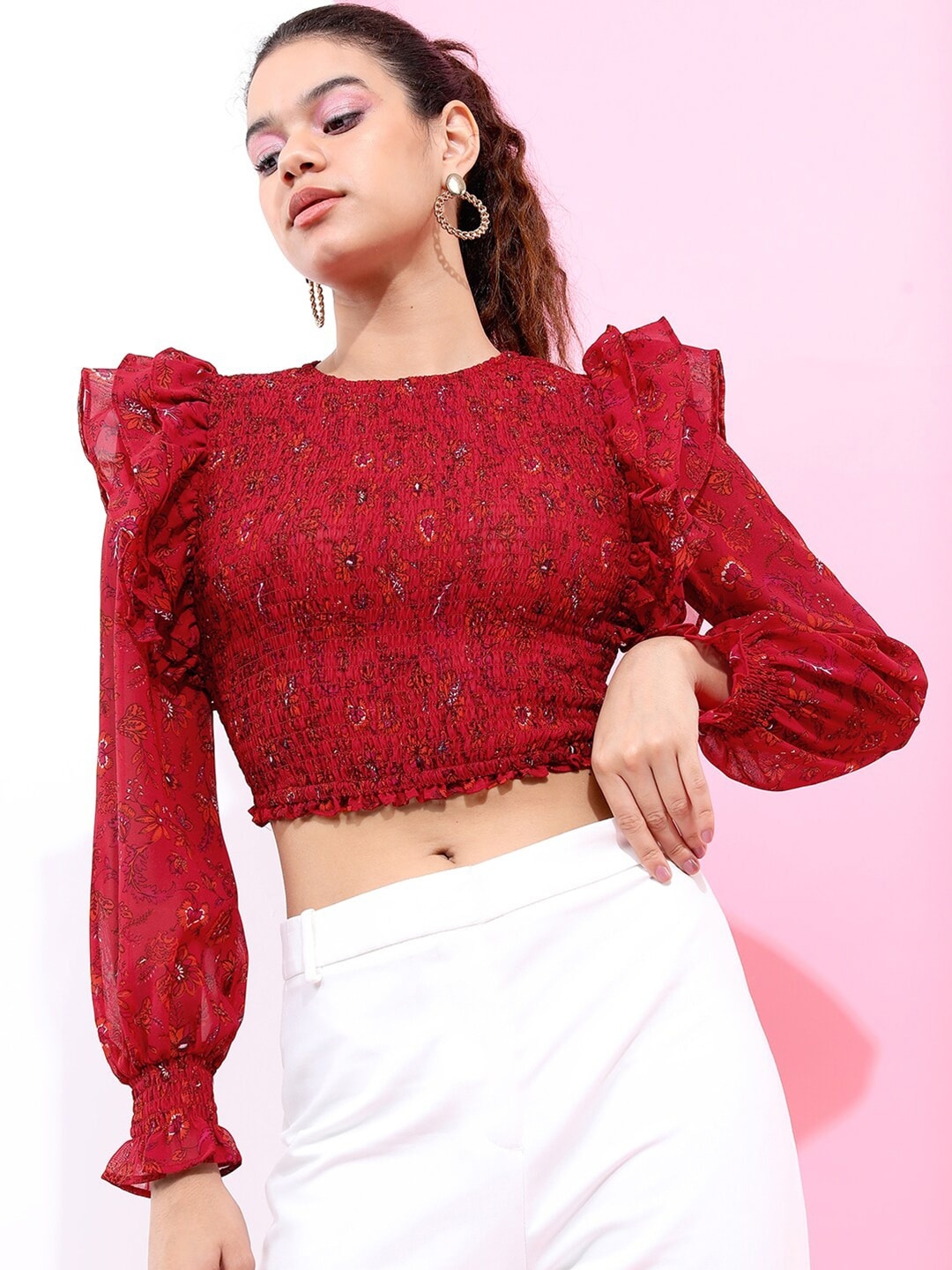 

Tokyo Talkies Floral Print Bishop Sleeves Ruffles Crop Top, Maroon