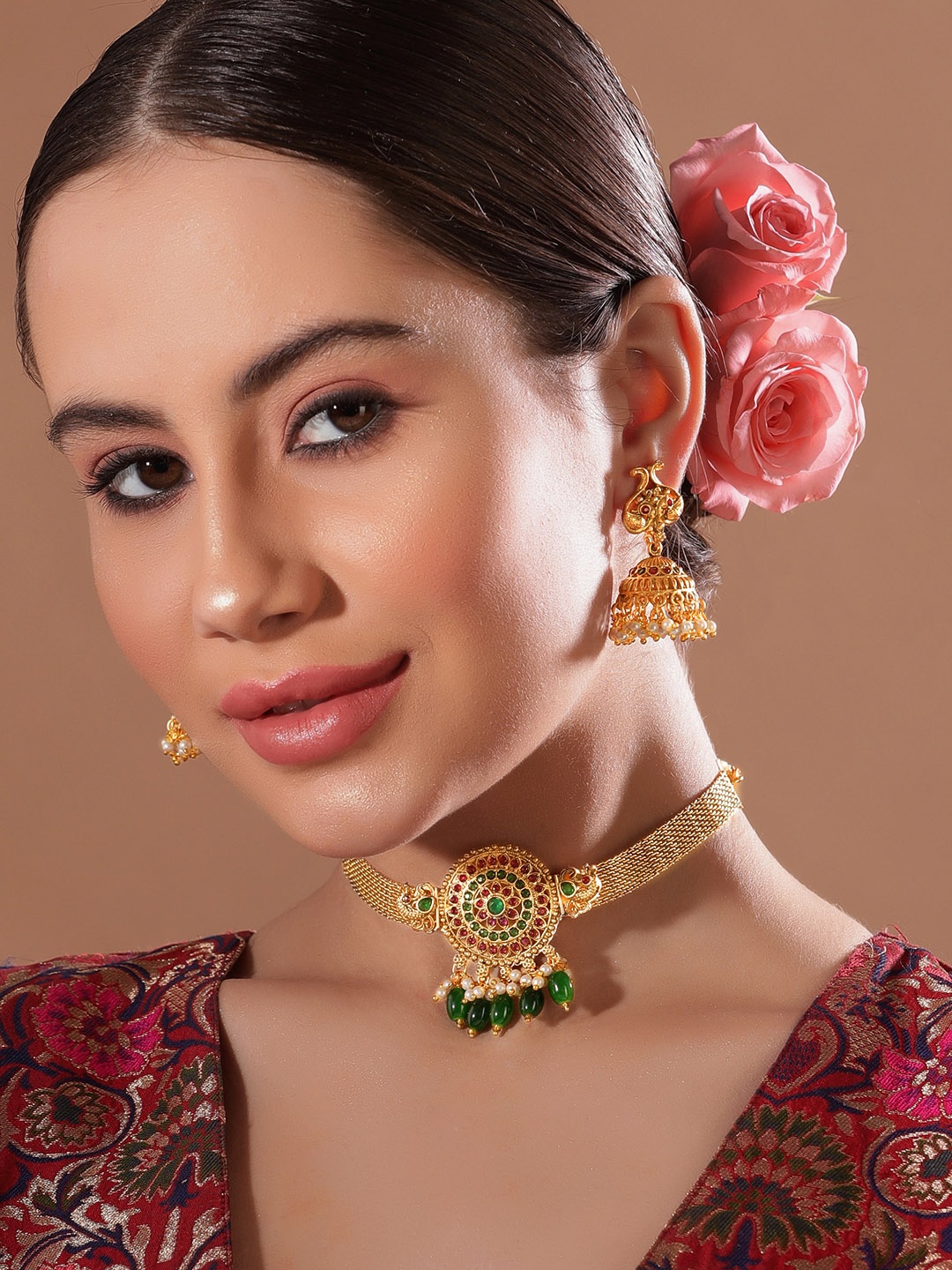 

Rubans Stone-Studded & Pearl Beaded Jewellery Set, Gold
