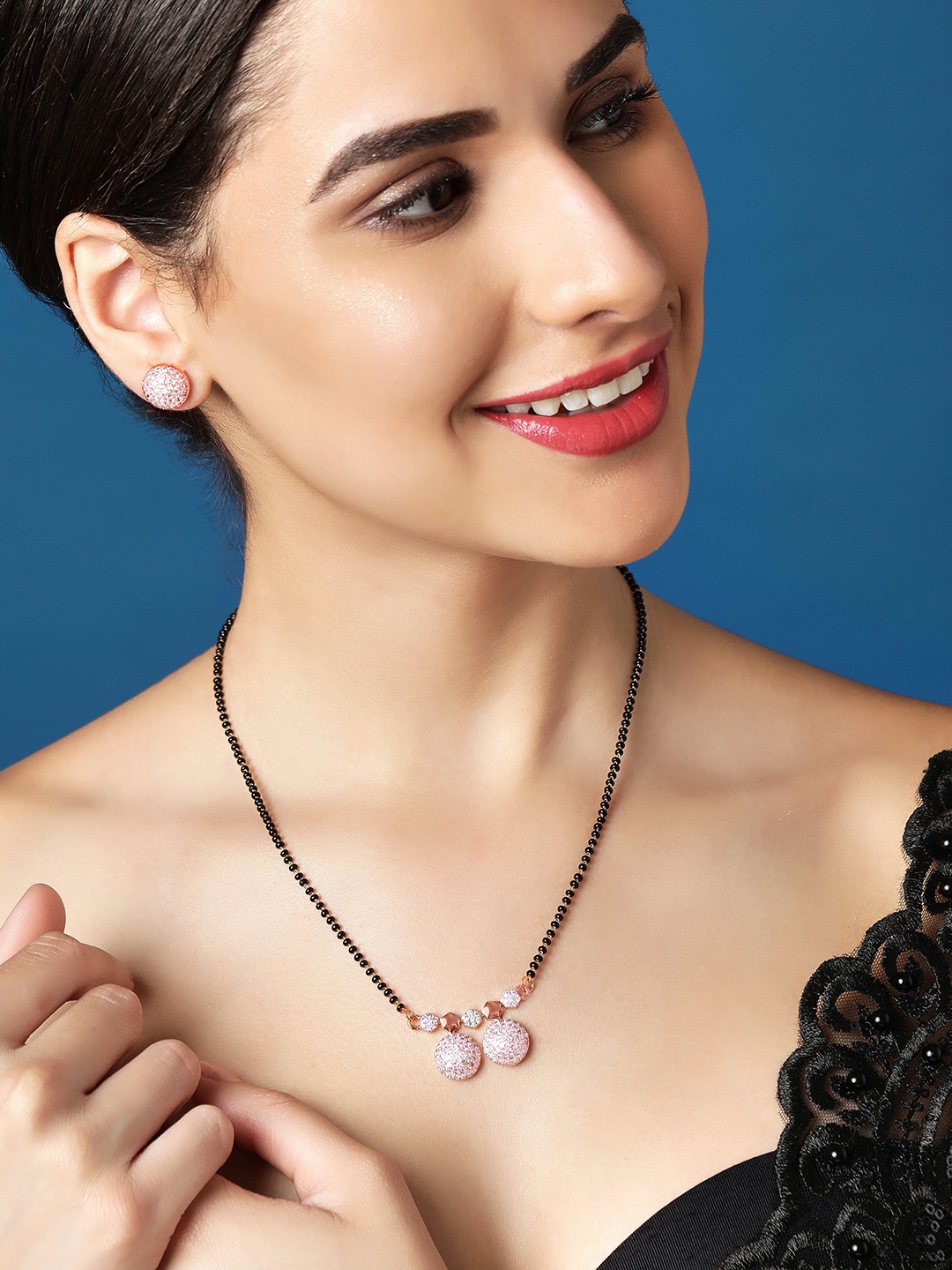 

Rubans 24K Gold-Plated Stone-Studded & Beaded Mangalsutra With Earrings