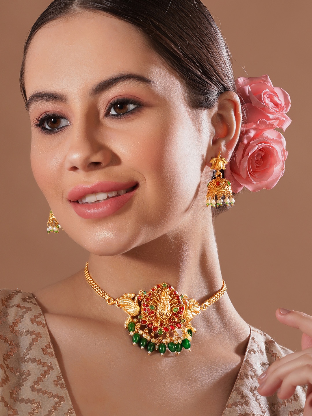 

Rubans Gold-Plated Stone Studded & Beaded Jewellery Set, Red