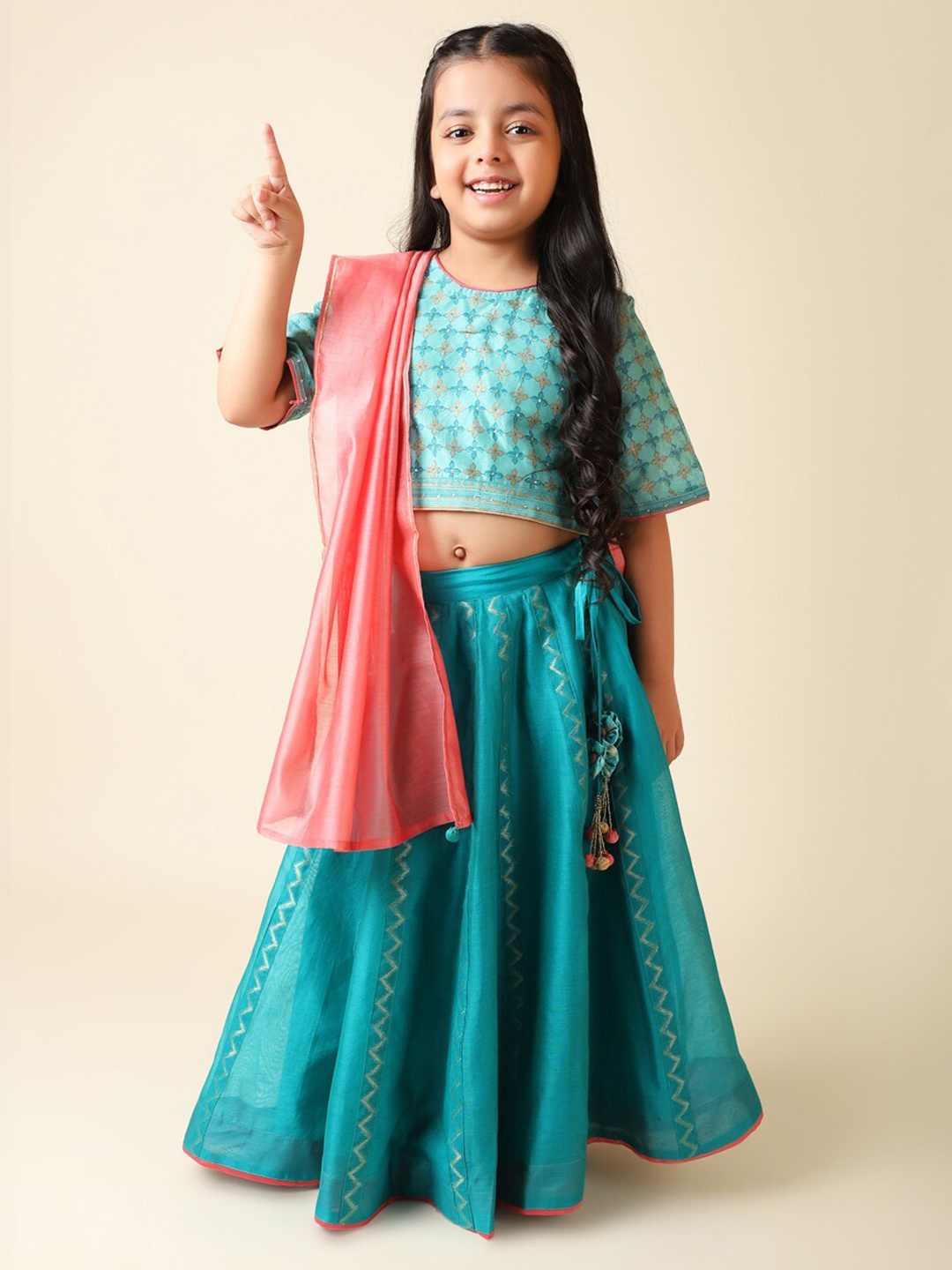 

Fabindia Girls Printed Ready to Wear Lehenga & Blouse With Dupatta, Turquoise blue