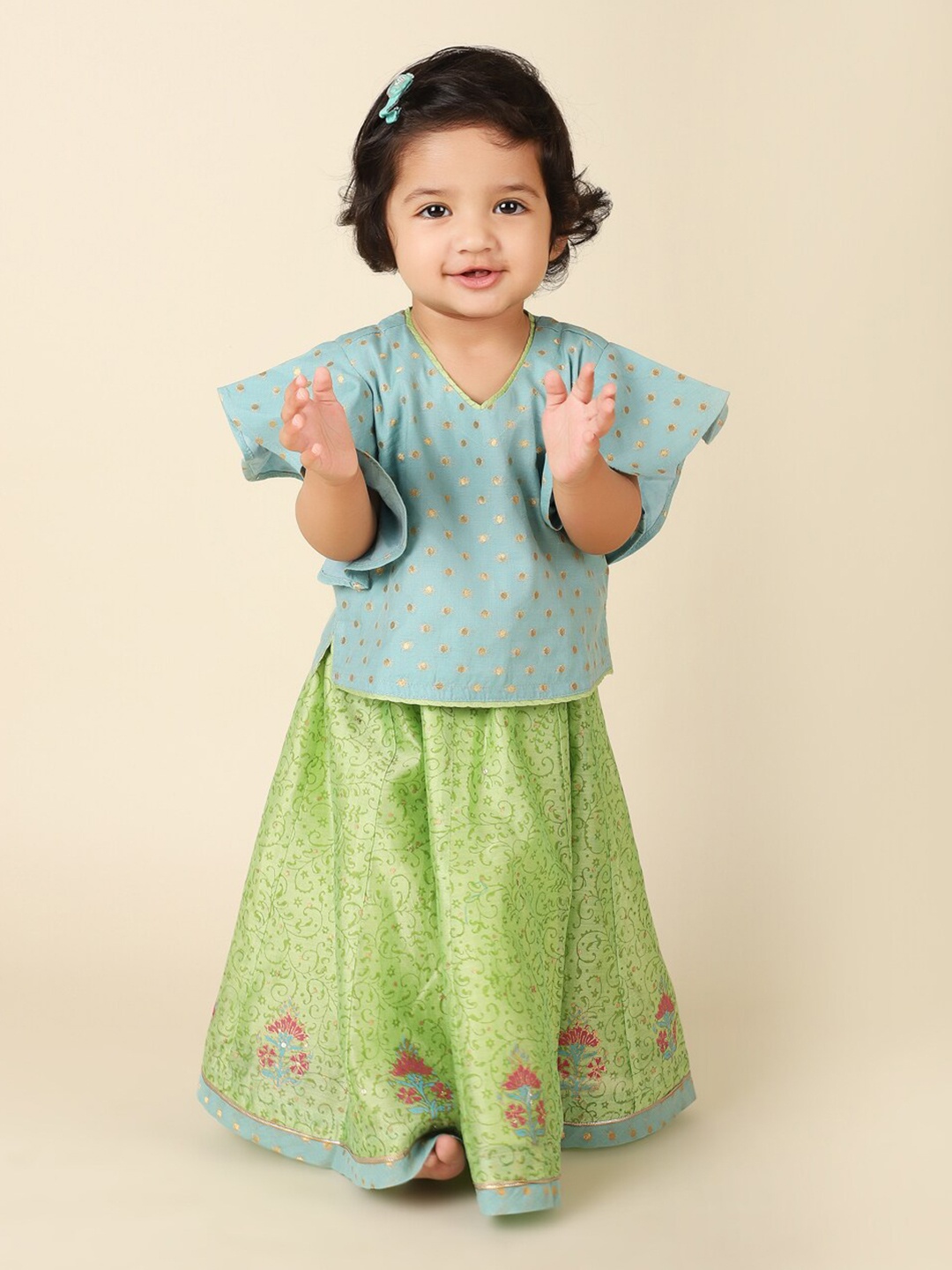 

Fabindia Girls Printed V-Neck Ready to Wear Lehenga Set, Turquoise blue