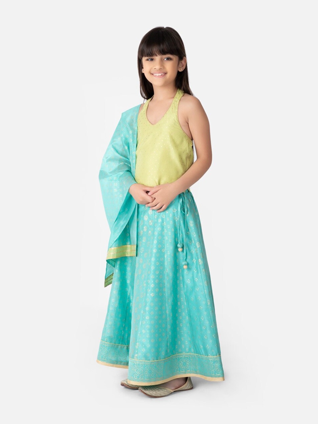 

Fabindia Girls Printed Ready to Wear Lehenga & Blouse With Dupatta, Green