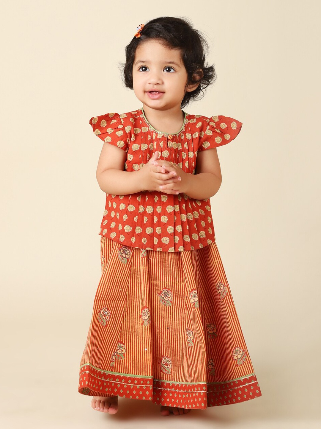 

Fabindia Girls Printed Cotton Ready to Wear Lehenga & Blouse, Rust