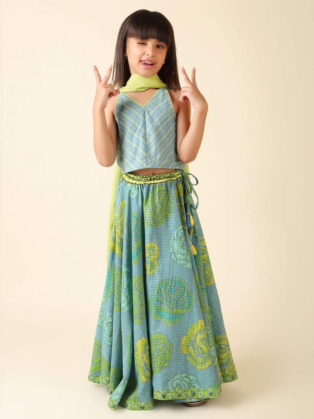 

Fabindia Girls Printed Cotton Ready to Wear Lehenga & Blouse With Dupatta, Turquoise blue