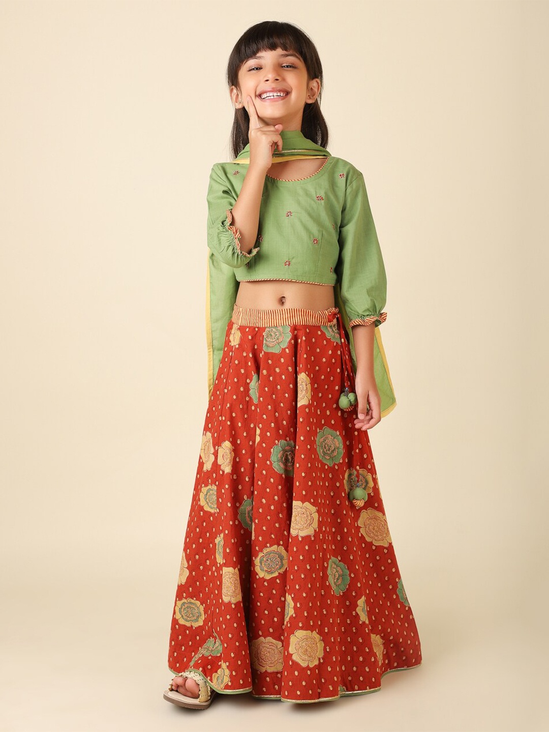 

Fabindia Girls Printed Ready to Wear Cotton Lehenga & Blouse With Dupatta, Rust