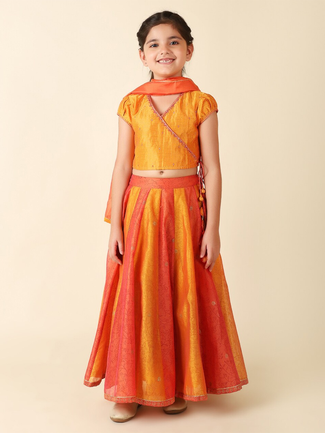 

Fabindia Girls Printed Ready to Wear Lehenga & Blouse With Dupatta, Orange