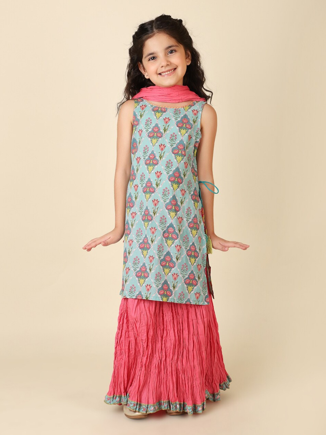 

Fabindia Girls Floral Printed Pure Cotton Kurta with Skirt & Dupatta, Green