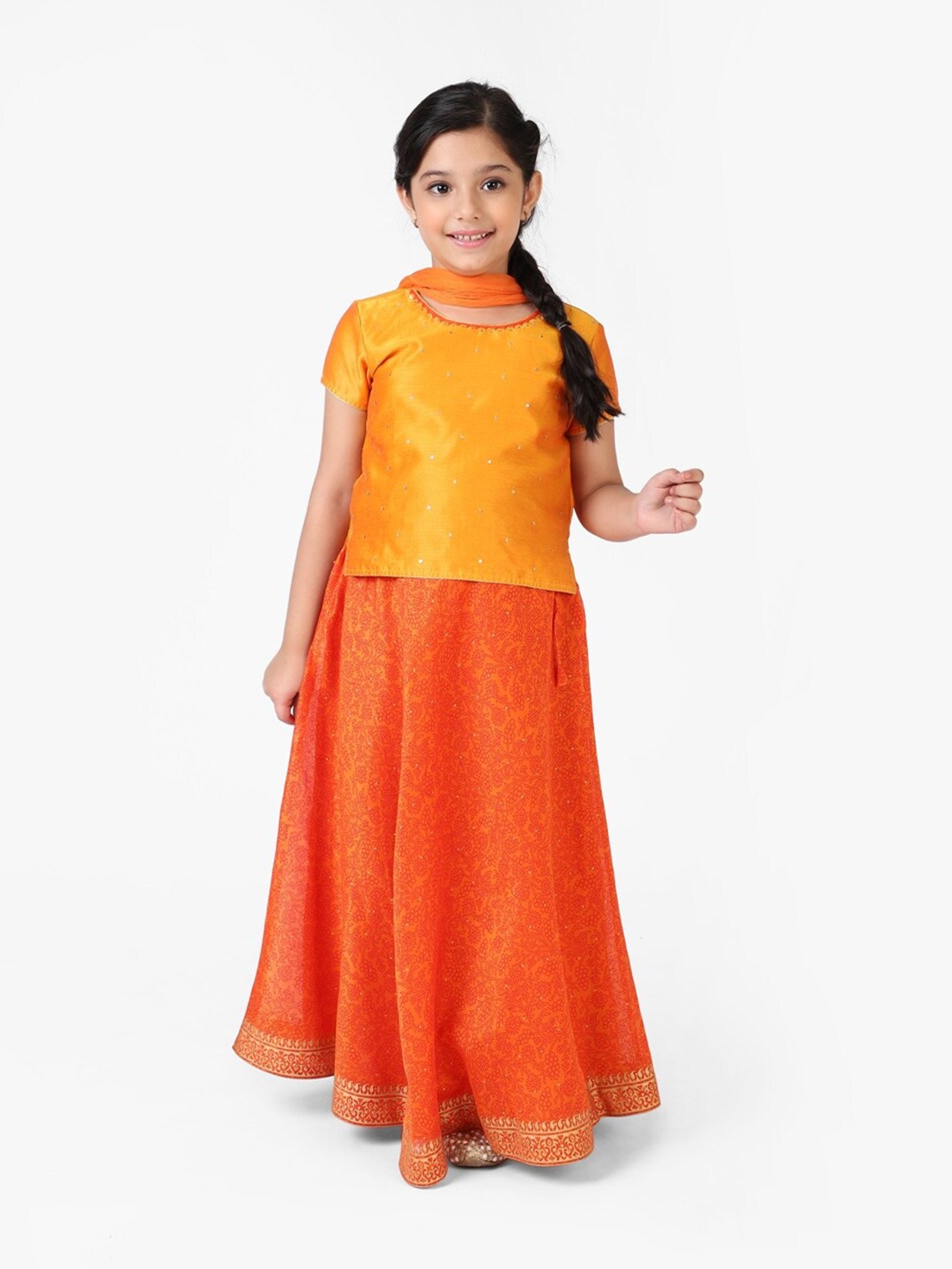 

Fabindia Girls Ready to Wear Lehenga & Sequin Blouse With Dupatta, Orange