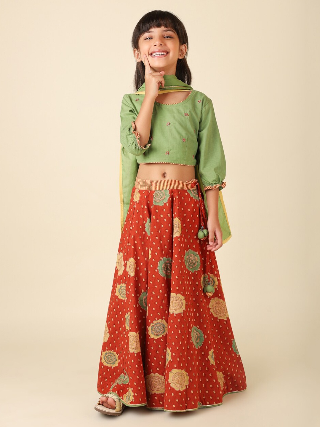 

Fabindia Girls Printed Ready to Wear Cotton Lehenga & Blouse With Dupatta Set, Rust