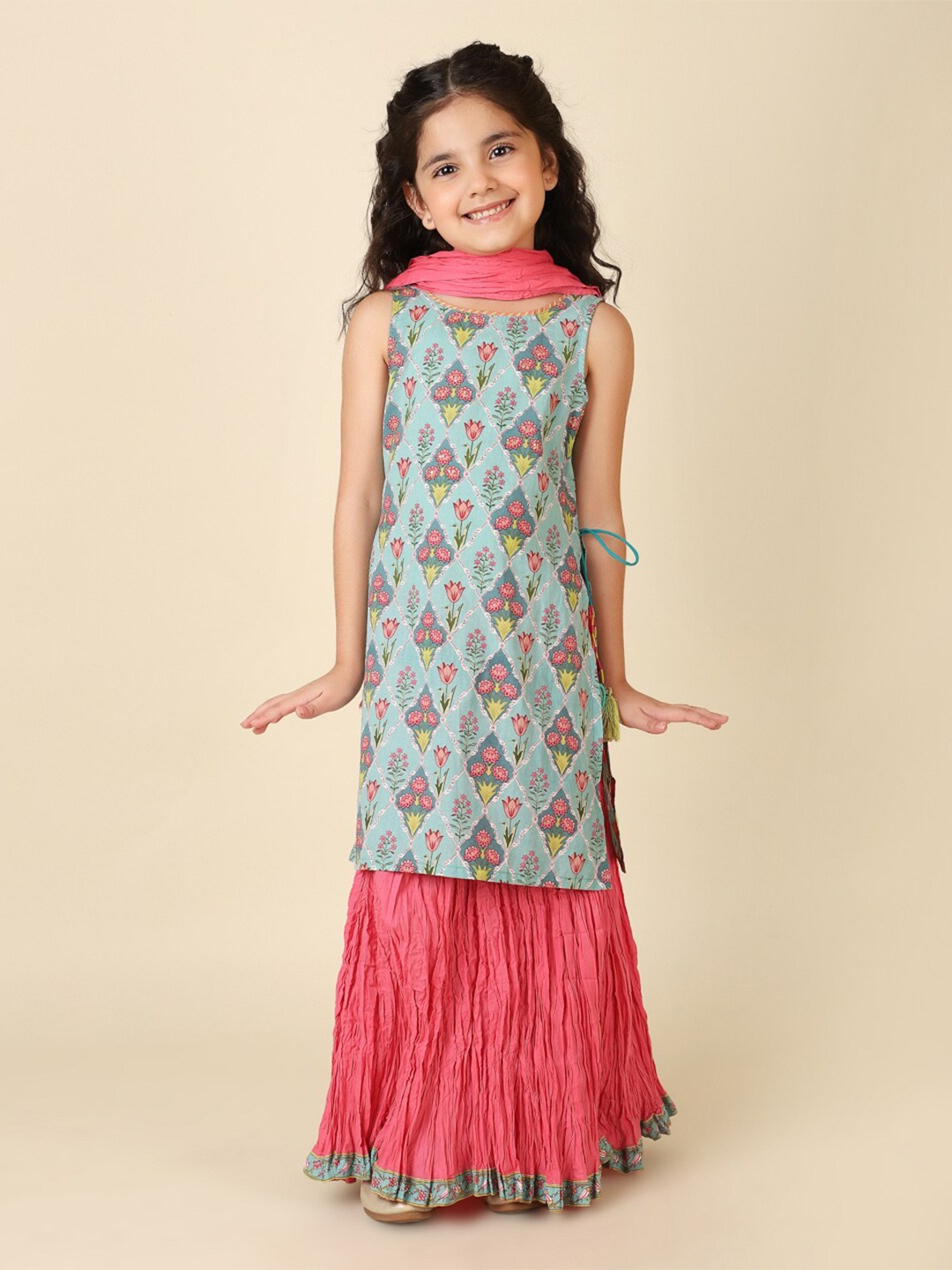 

Fabindia Girls Printed Cotton Kurta and Lehenga Set With Dupatta, Green