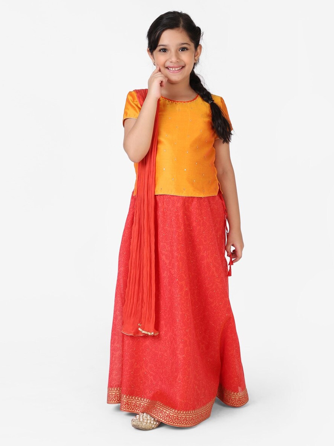 

Fabindia Girls Embroidered Top And Lehenga With Dupatta Set, Red