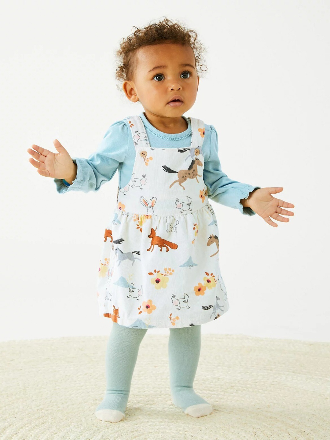 

Marks & Spencer Girls Pure Cotton Pinafore Dress Comes With T-shirt And Stockings, Off white