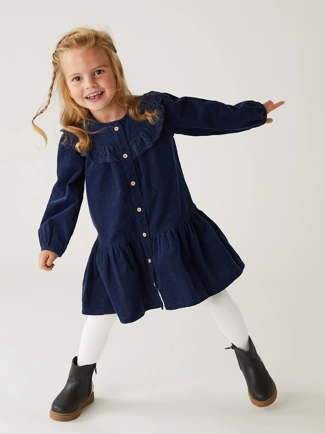 

Marks & Spencer Girls Drop-Waist Midi Pure Cotton Dress Comes With Stockings, Navy blue