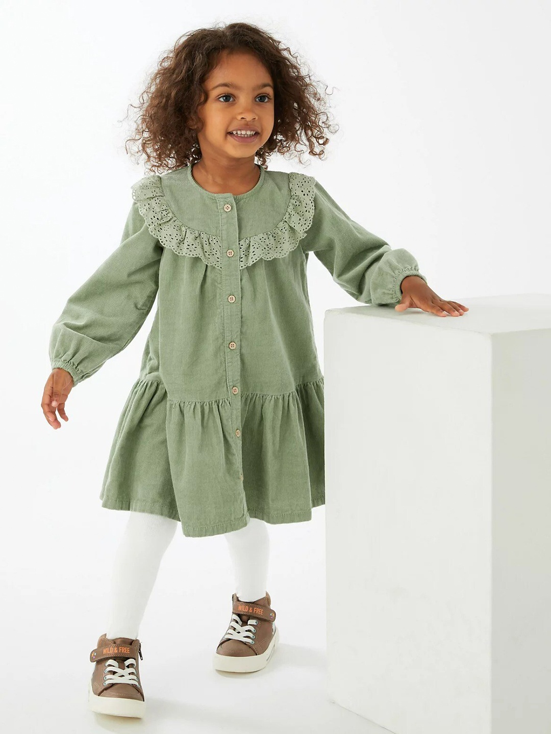 

Marks & Spencer Girls Round Neck Ruffle Cotton A-Line Dress with Stockings, Khaki
