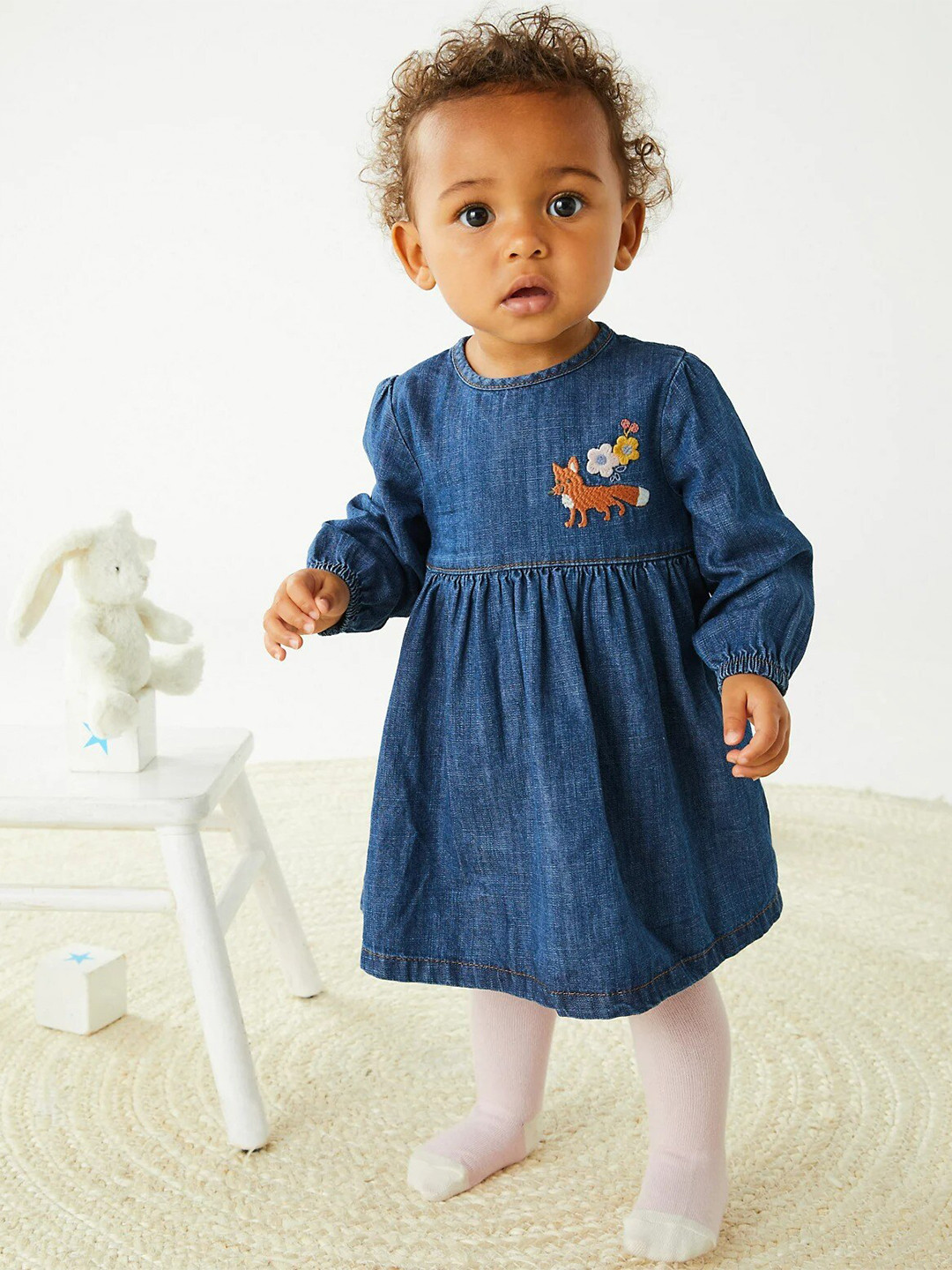 

Marks & Spencer Girls Round Neck A-Line Cotton Dress With Stockings, Blue