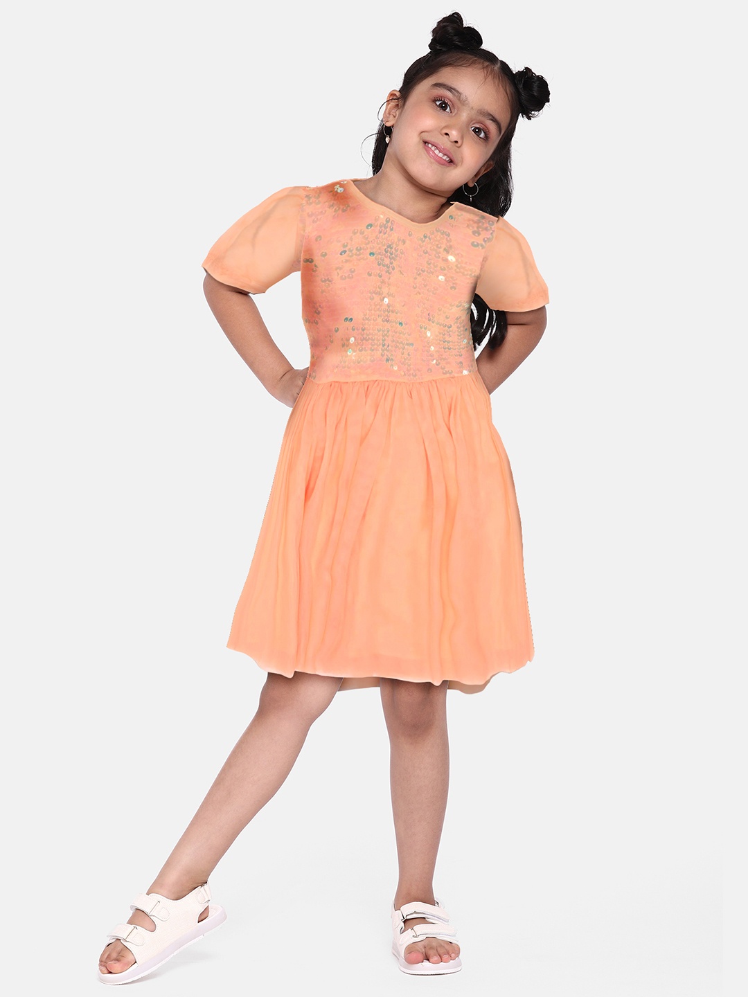 

Marks & Spencer Girls Embellished Sequined Fit And Flare Dress, Peach