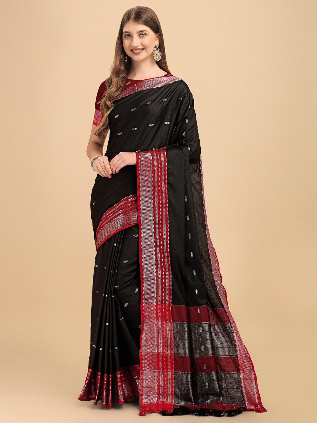 

AVANTIKA FASHION Ethnic Motifs Zari Silk Cotton Banarasi Saree, Black