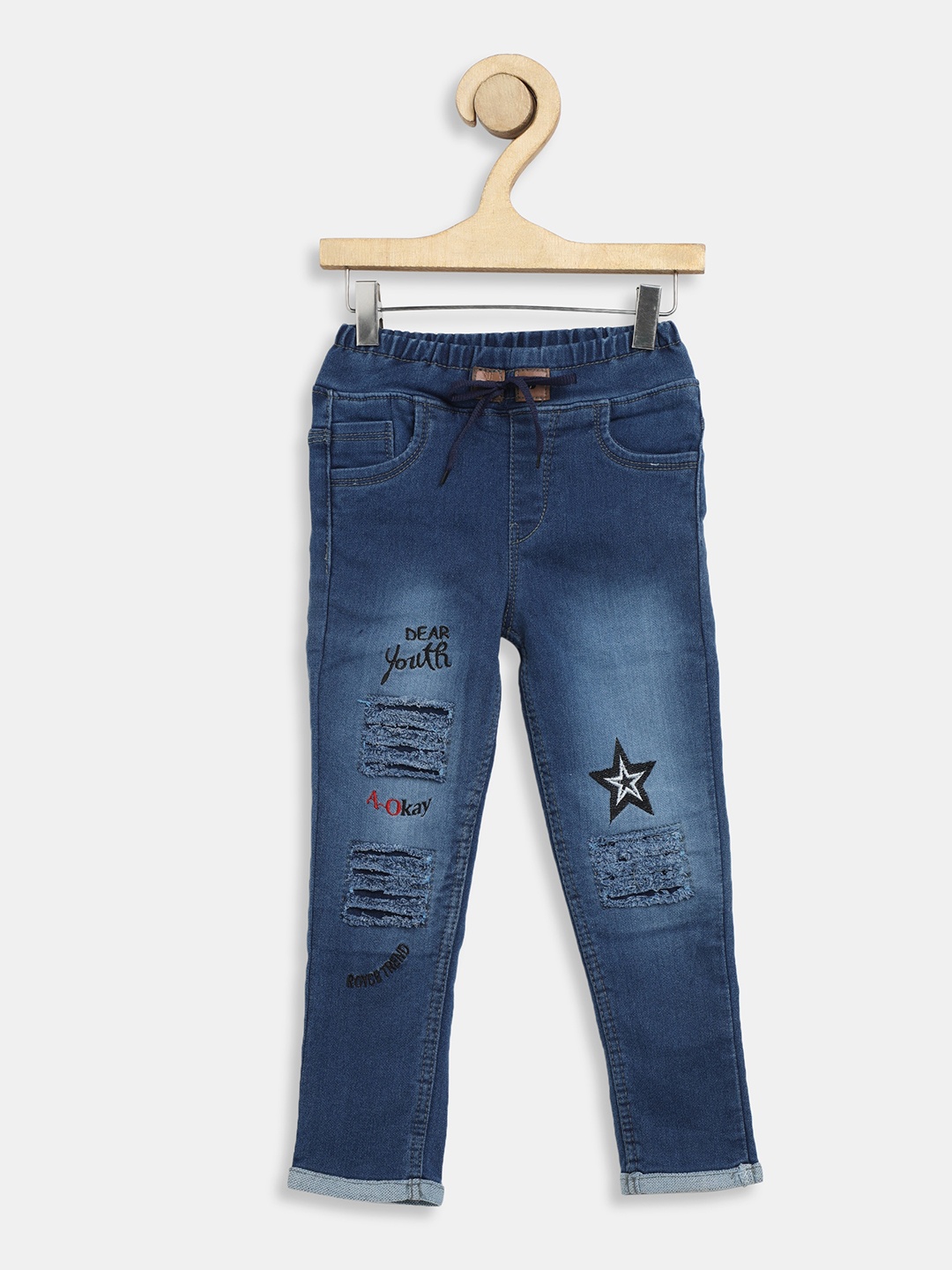 

A-Okay Boys Cotton Slim Fit High-Rise Mildly Distressed Light Fade Embroidered Jeans, Blue