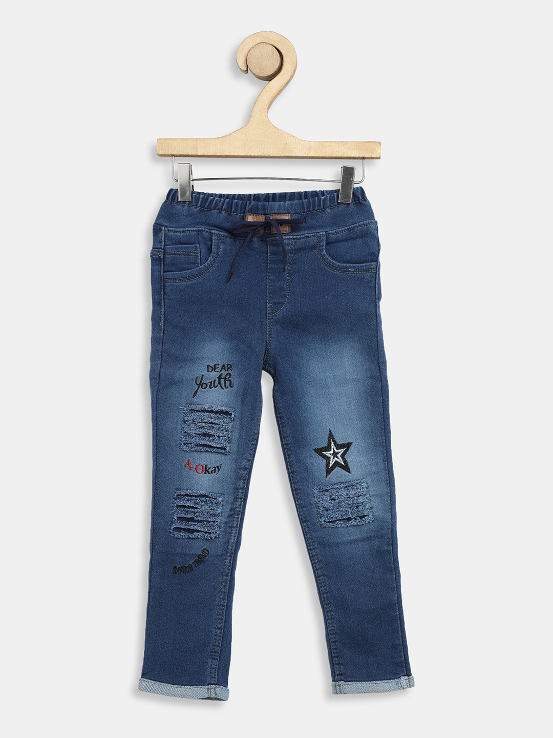 

A-Okay Girls Blue Slim Fit High-Rise Mildly Distressed Light Fade Embroidered Jeans