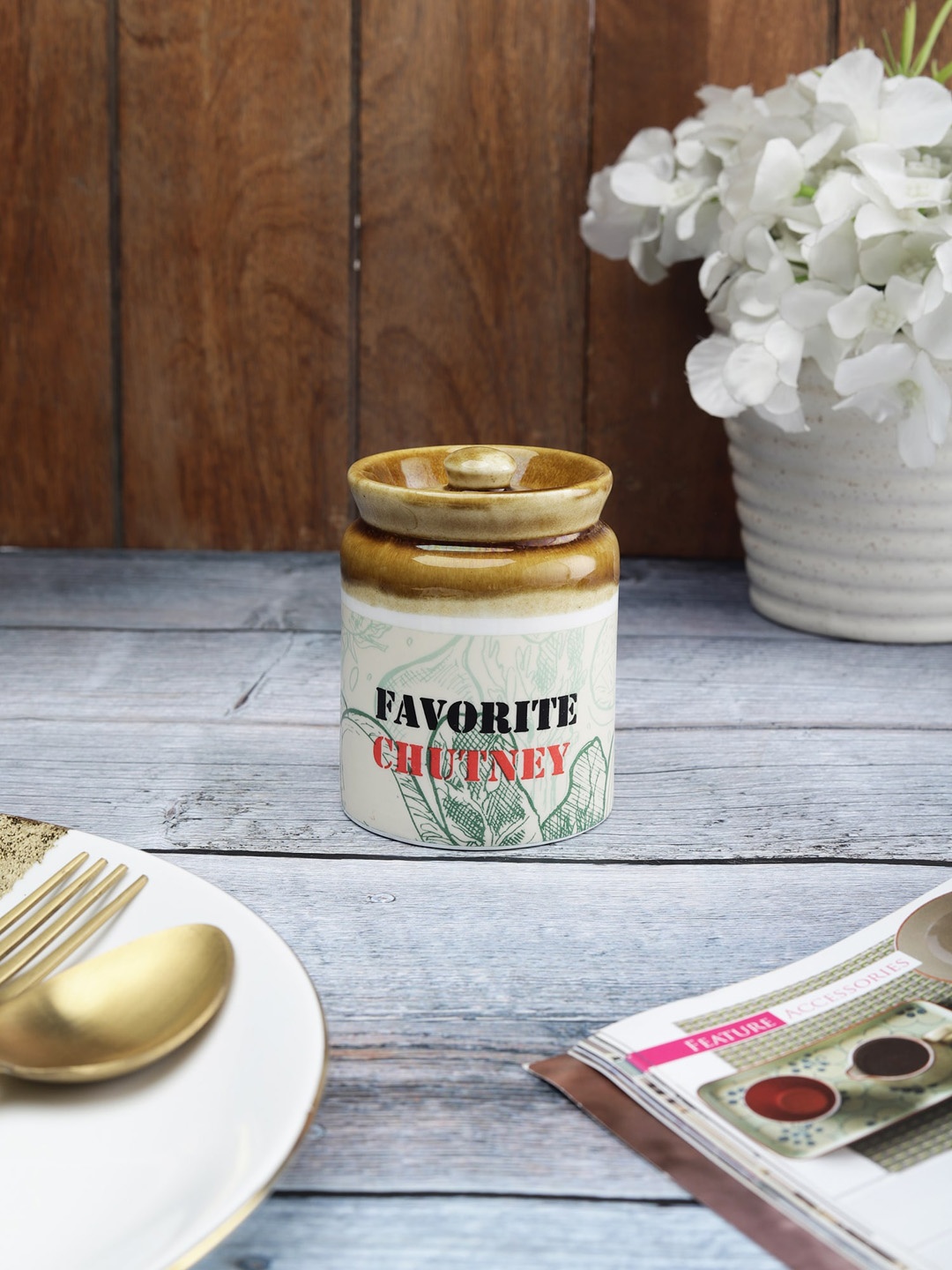 

CLAY CRAFT White Printed Ceramic Pickle Storage Jar Wit Lid - 150 ml