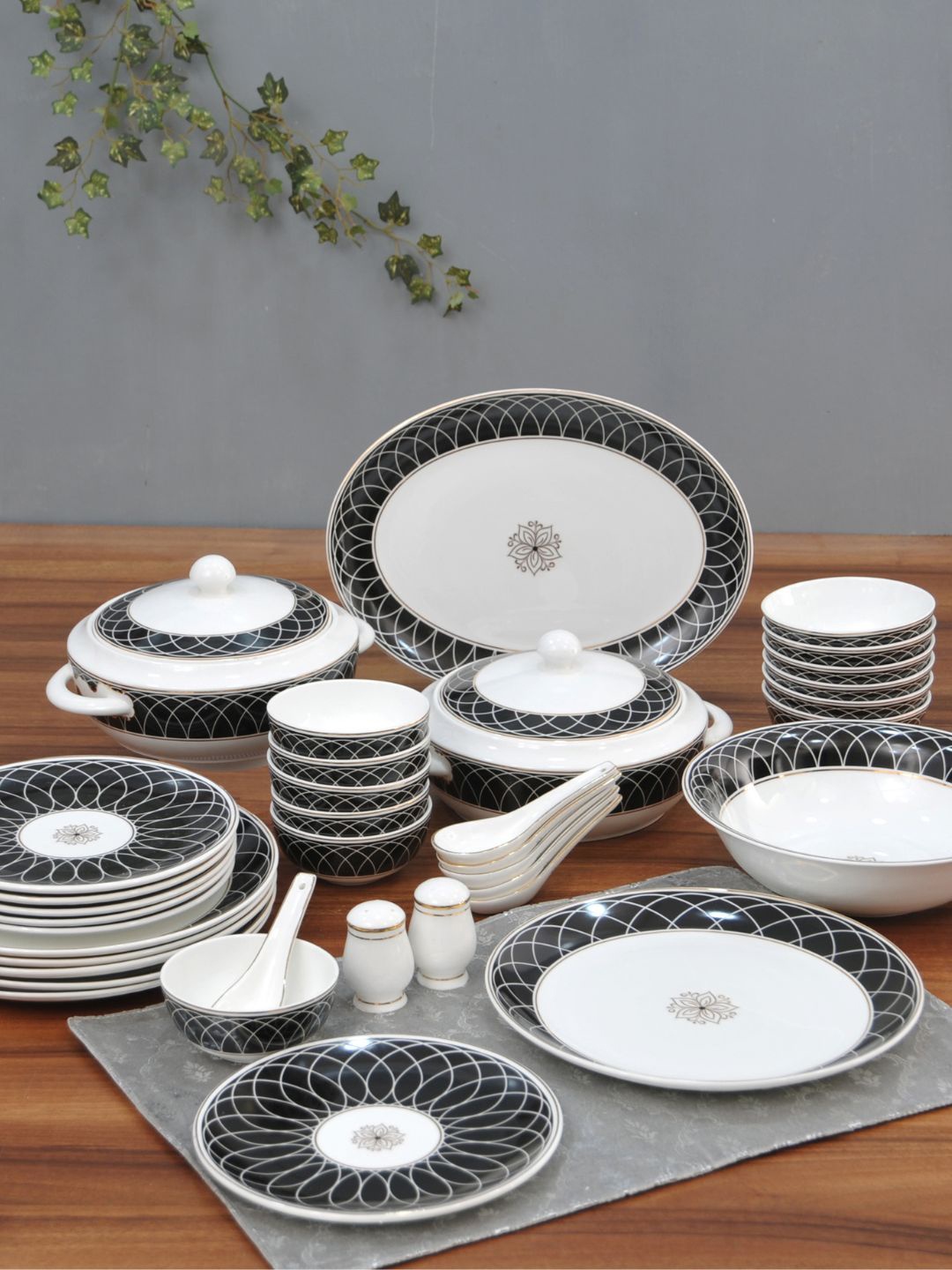 

CLAY CRAFT White & Black 40 Pieces Printed Ceramic Glossy Dinner Set