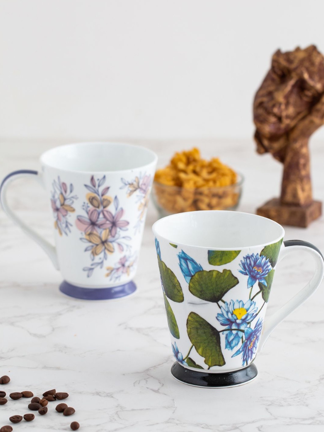 

CLAY CRAFT White & Blue Set of 2 Floral Printed Ceramic Glossy Mugs 350 ml each