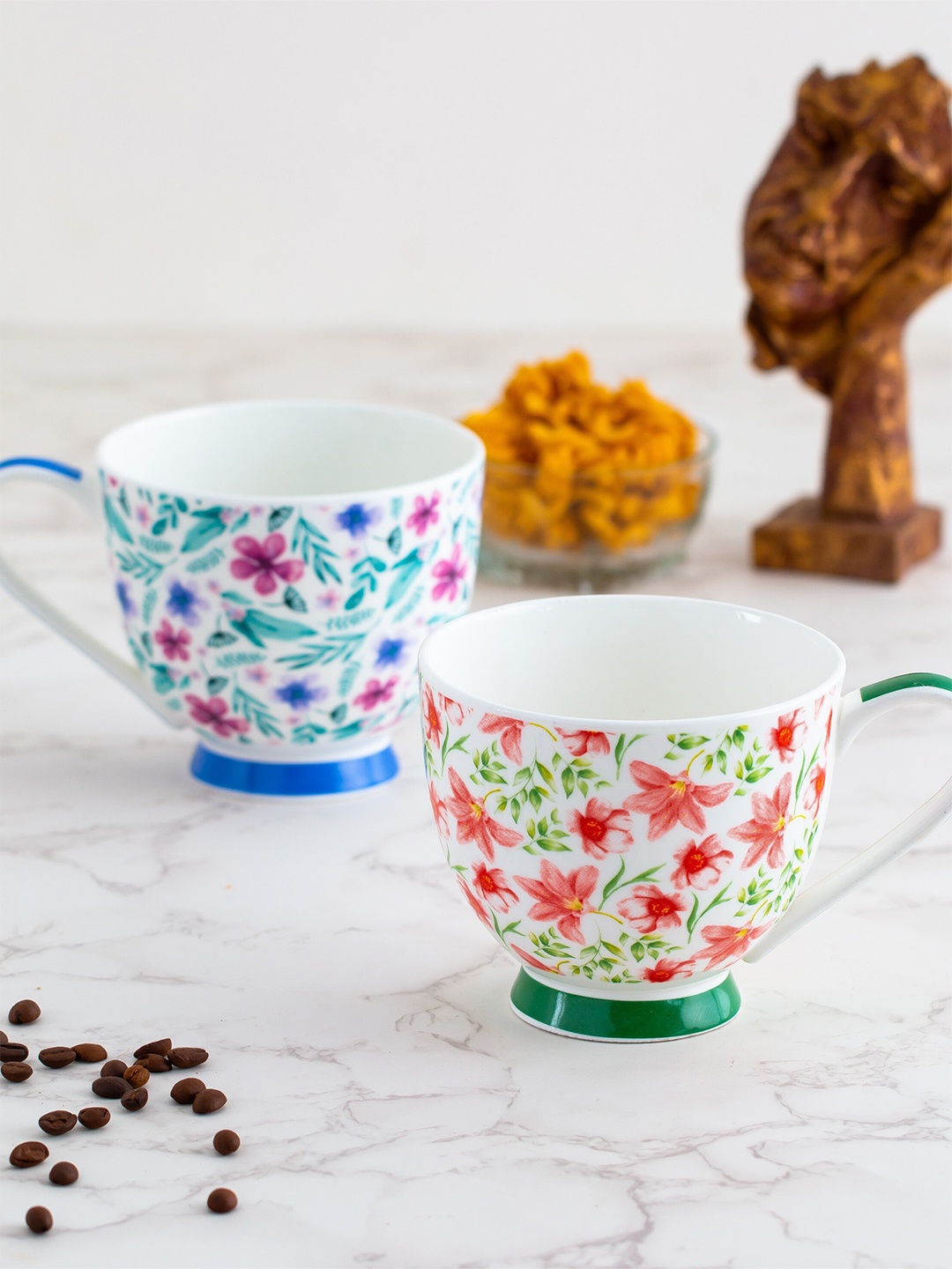 

CLAY CRAFT Set Of 2 White & Blue Floral Printed Ceramic Glossy Mugs 350 ml Each