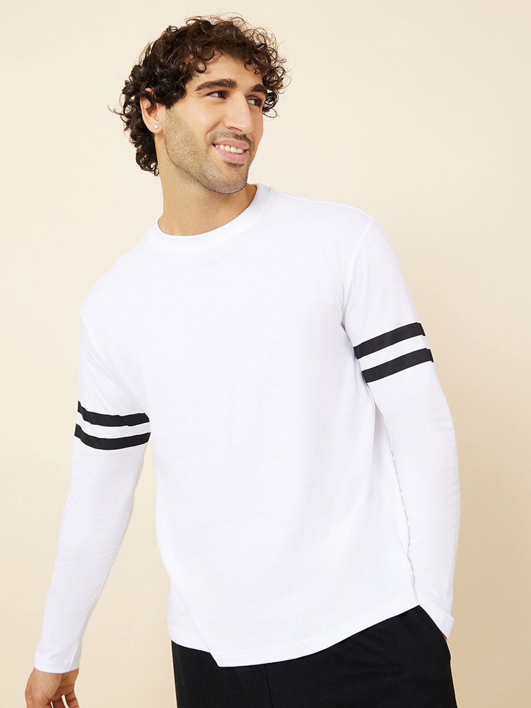 

Styli Regular Fit Cotton T-shirt With Contrast Sleeves Stripes, White