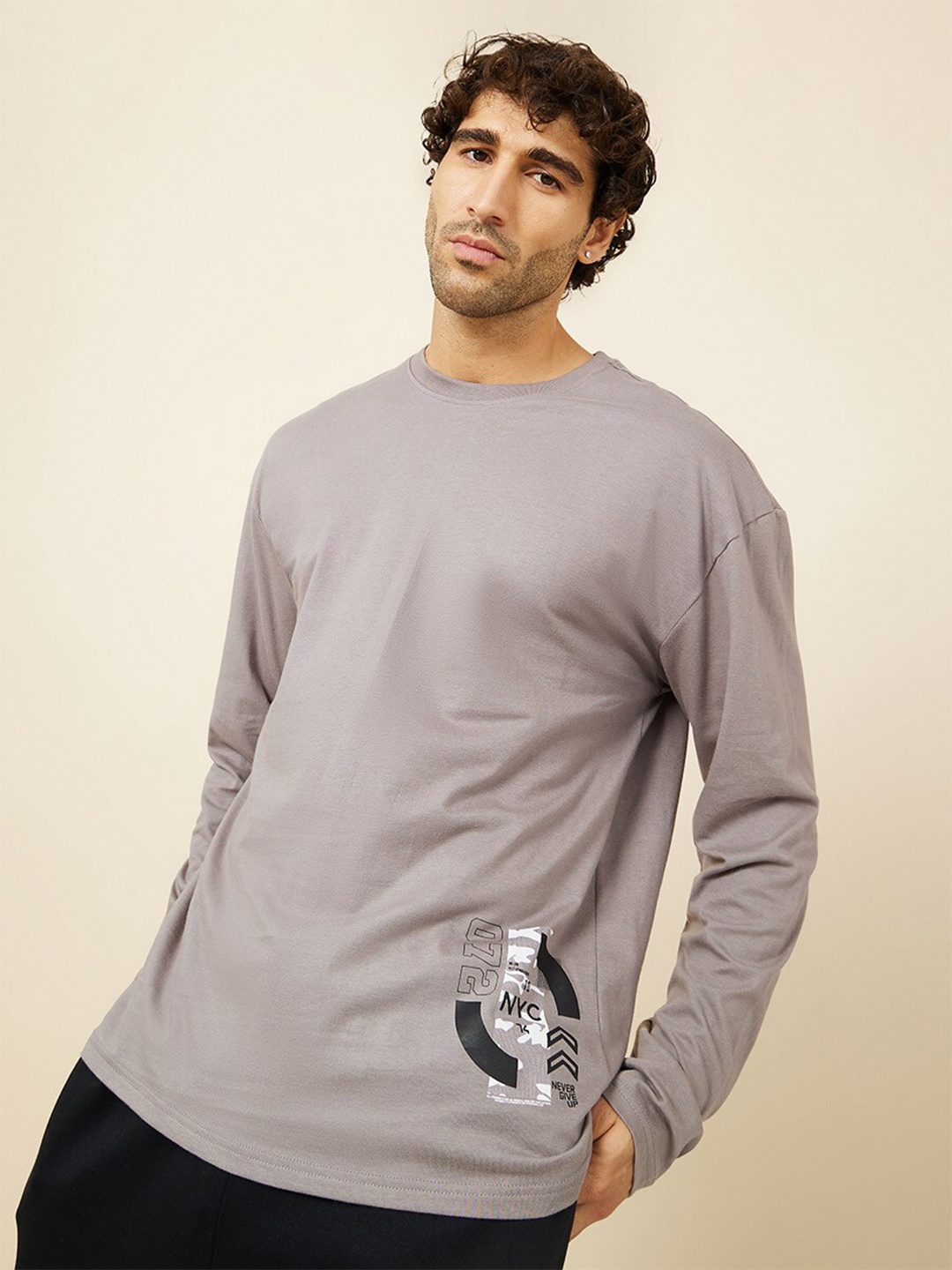 

Styli Printed Detail Cotton Oversized T-shirt, Grey