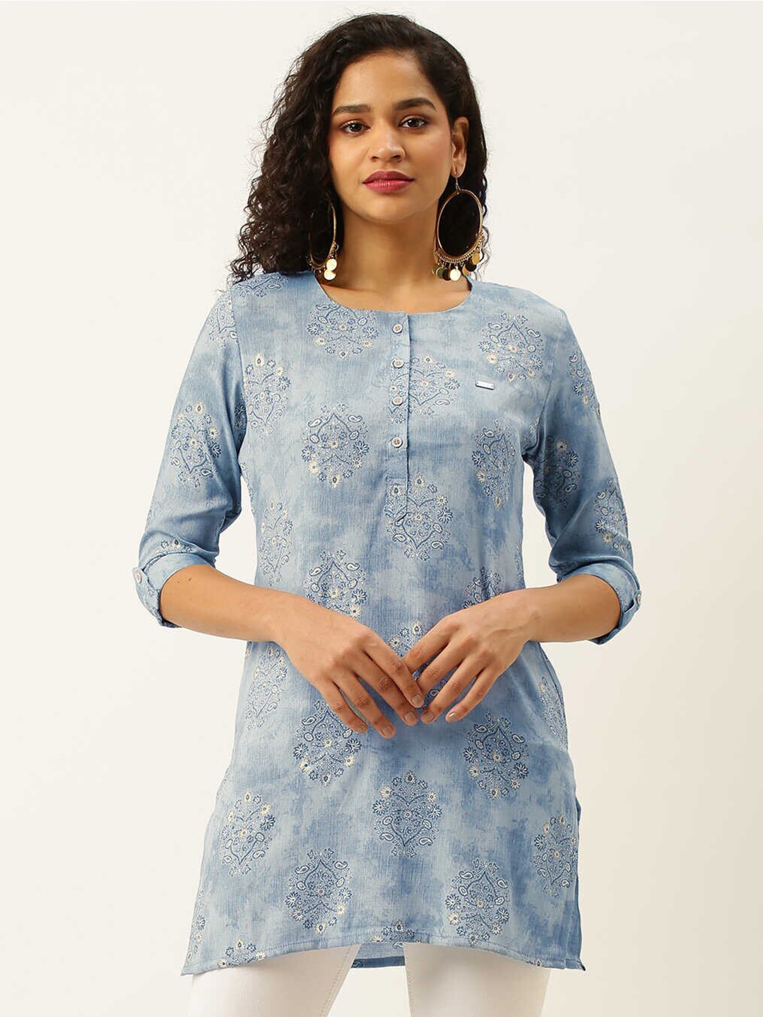 

ZOLA Round Neck Ethnic Printed Tunic, Blue